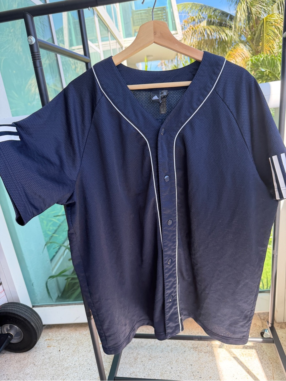 Adidas Three Stripe Life Baseball Jersey Shirt Navy Blue 2XL Mesh Button Front